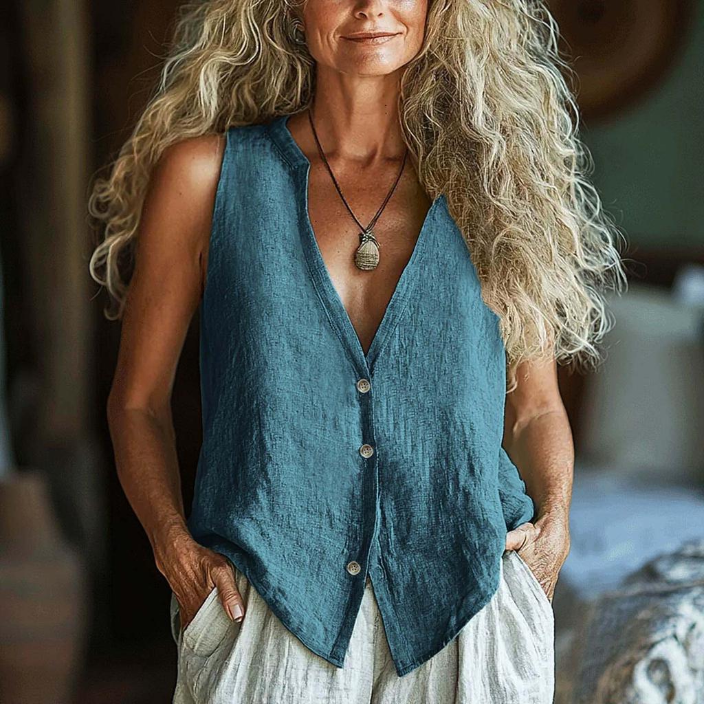 Women's Fashionable Sleeveless Solid Color V Neck  Casual Loose Vest Top