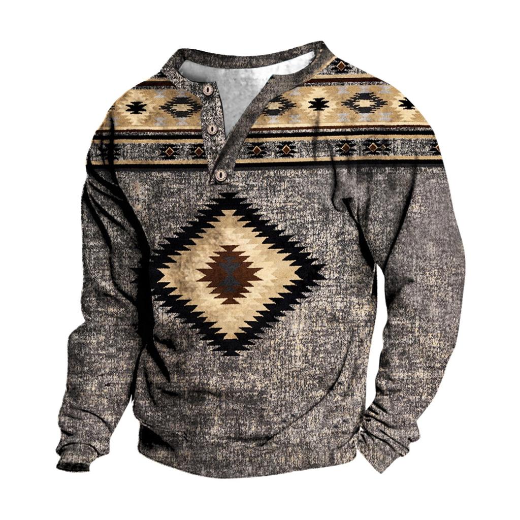 Pullover mit V-Ausschnitt für Herren, 3D-Digitaldruck, Stehkragen, 3 Knöpfe, Vintage-Kragen