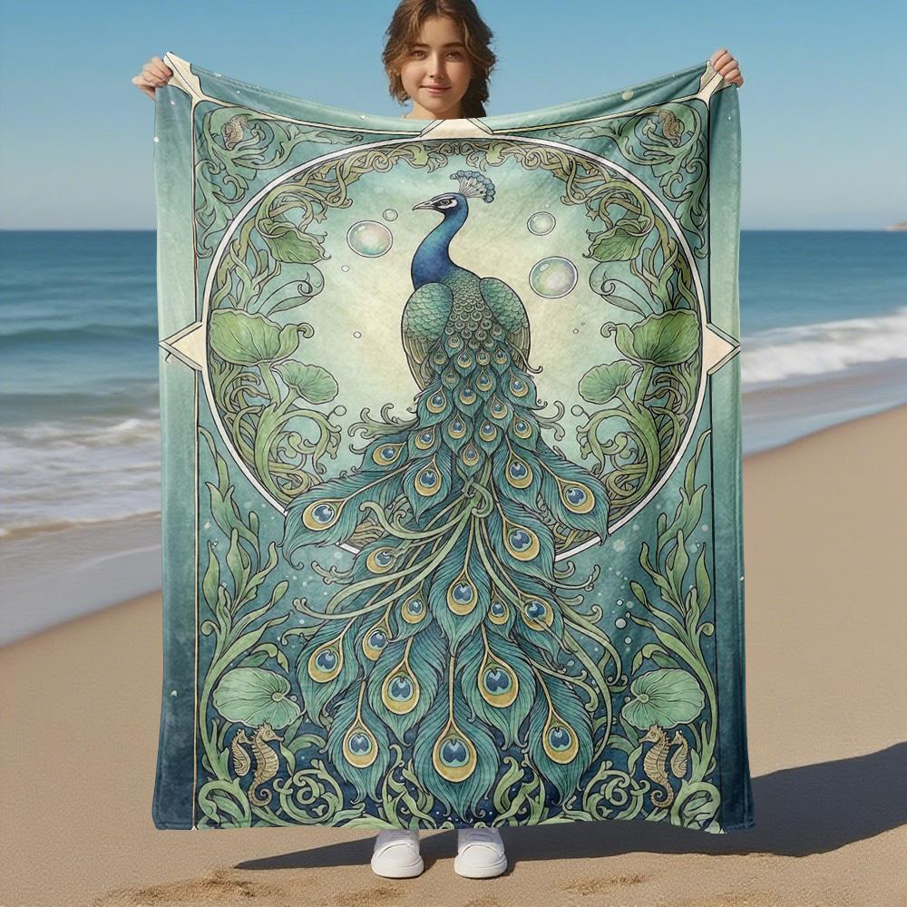 1 Stück Pfauen Art Nouveau Außen Flanelldecke - Weiches Plüschdekor für Picknicks, Camping, Schlafzimmer, Spielzimmer, Büro oder Mittagspause 1210A