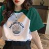 T-shirt da donna a maniche corte con design sulle spalle, top color block primavera ed estate, stile coreano, scollo rotondo ampio
