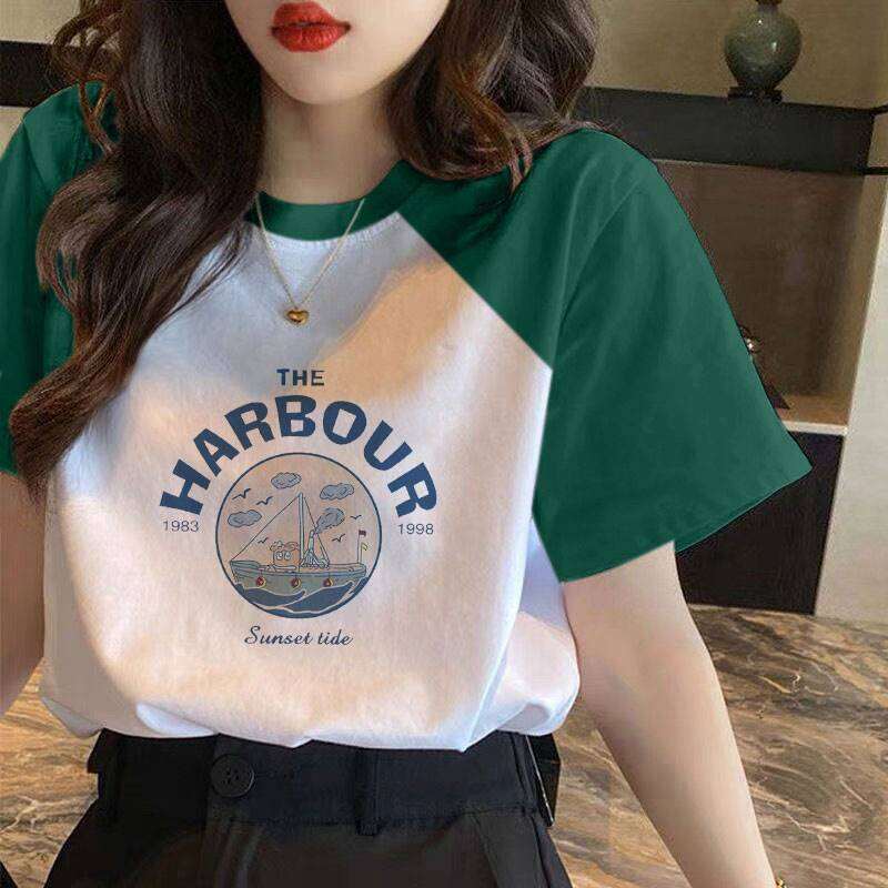 T-shirt da donna a maniche corte con design sulle spalle, top color block primavera ed estate, stile coreano, scollo rotondo ampio