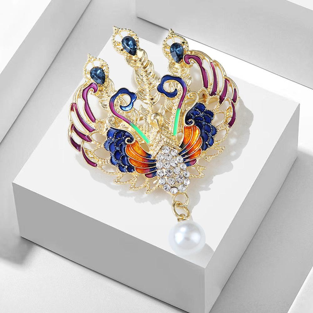 Chinese Style Retro Birds and Phoenix Luxury Enamel Phoenix Alloy Brooch Female Pearl Aurora Suit Accessories Long-Lasting Color Exquisite Brooch Gift