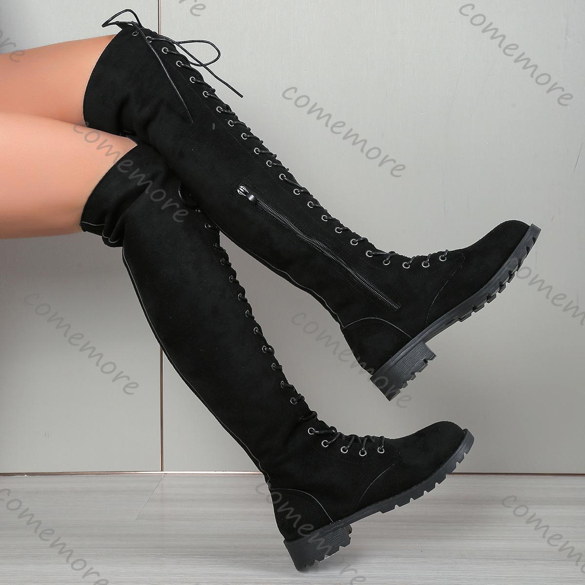 Comemore Thigh High Boots Women Spring Autumn Suede Solid Color Lace Up Long Botas Casual Thick Low Heel  Over The Knee Boots cm cachi
