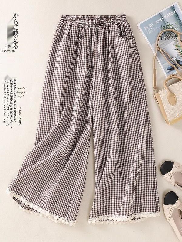 Women's Retro Lace Patchwork Plaid Wide-Leg Pants - Black & White, Casual, Nine-Tenths, Spring/Summer Fashion.