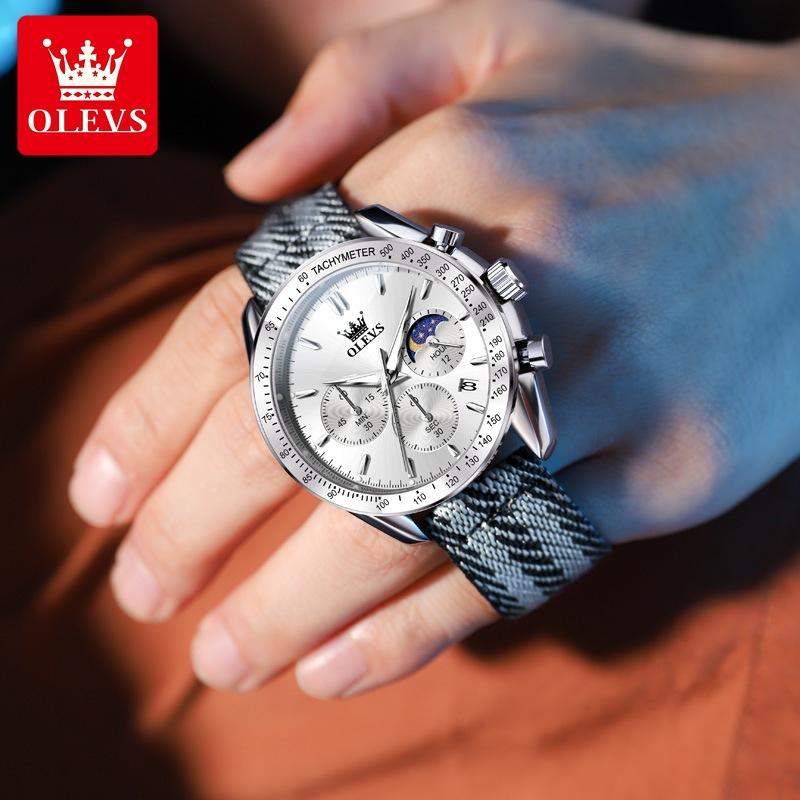 OLEVS New Luxury Man Watch Fashion Nylon Fabric Strap Original Quartz Watch for Men Moon Phase Chrono Multifunction Men's Watch