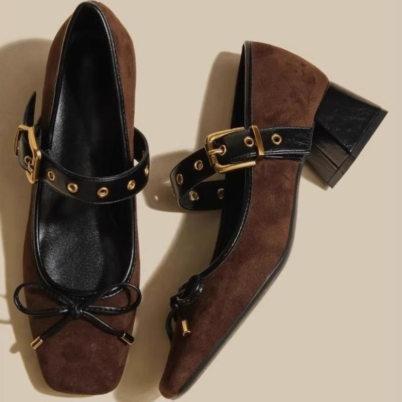 Women's Thick Heel Shoes Spring Square Head Shallow Mouth Suede Butterfly Knot Anti-slip Wear-resistant High Heels