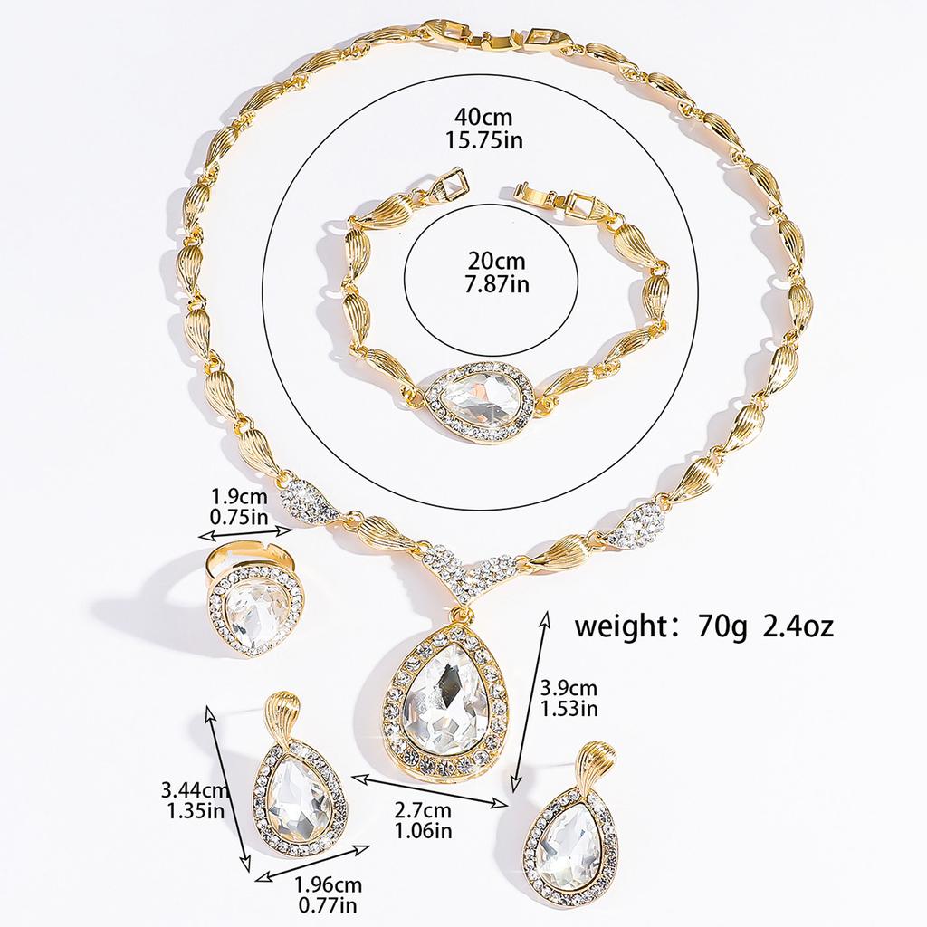Foreign Trade Trend Exaggerated Droplet Gemstone Necklace Earrings Bracelet Ring Alloy Four Piece Set Bridal Banquet Jewelry