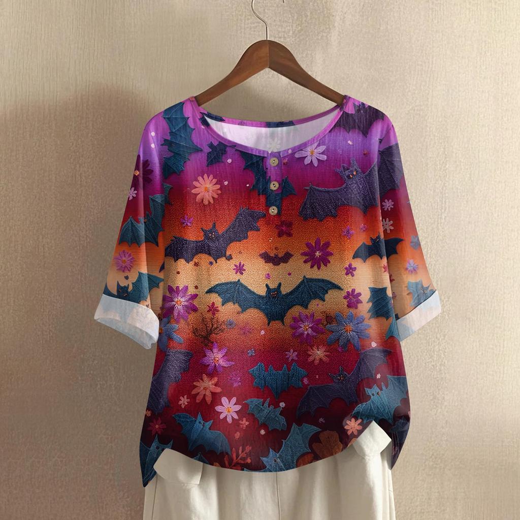 Damska codzienna bluzka z bawełny i lnu z nadrukiem Halloween z okrągłym dekoltem i rękawem 3/4