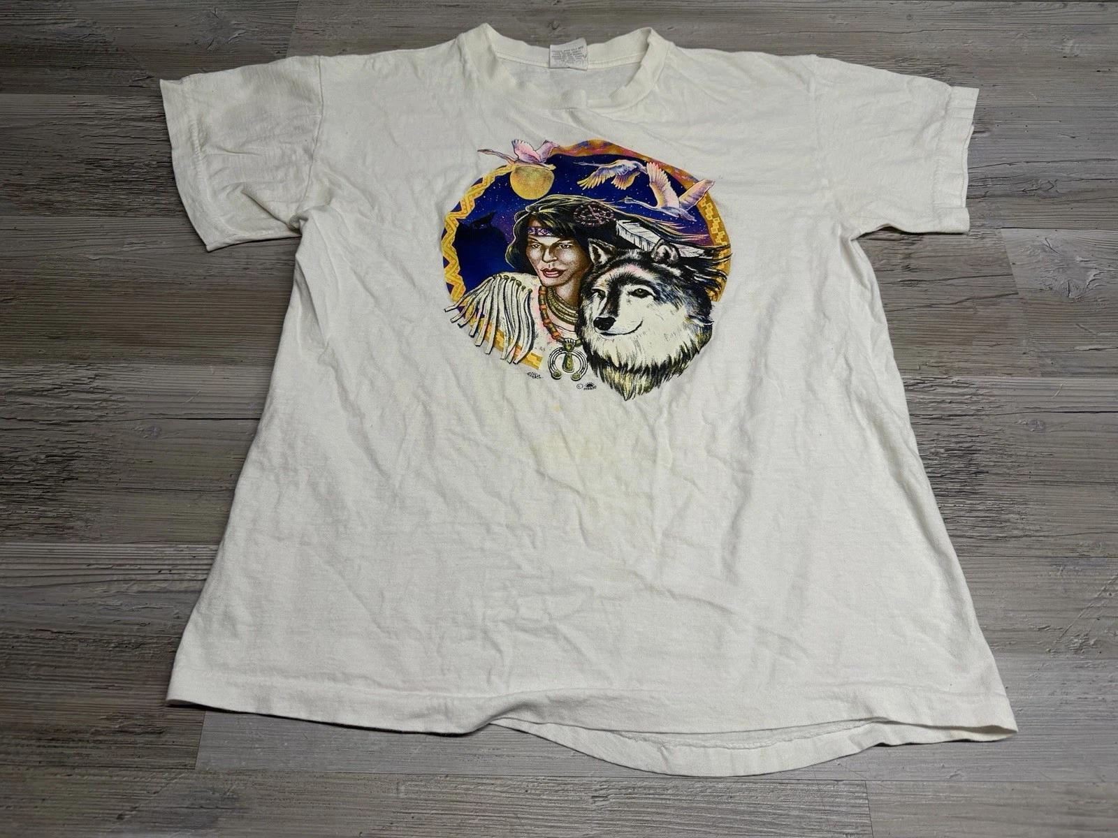 Vintage Native American Woman T-Shirt Wolf Moon Stars Nature Single Stitch Sz XL 3XL