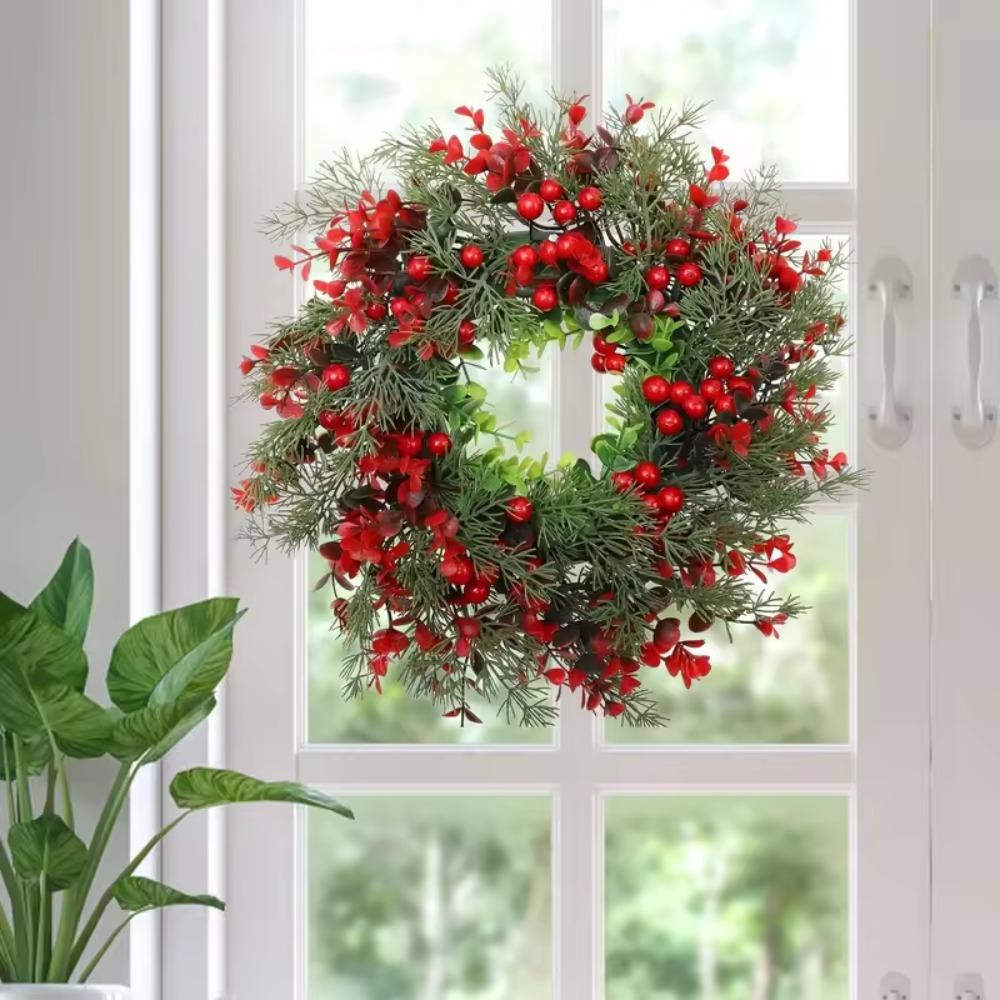 Simulation Leaf Red Berries Wreath Artificial Christmas Hanging Pendant Eucalyptus Garland Porch