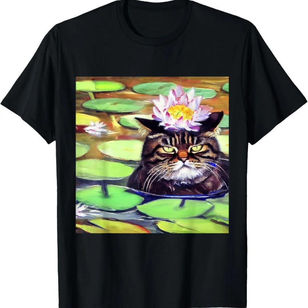Funny Cat Art_ Sitting in Monet's Water Lilies T-Shirt