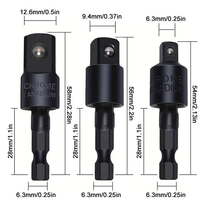 3pcs 360°electric Drill Air Screwdriver Sleeve Universal Adapter Hexagonal Handle To Square Head Rotary Adapter Connect Rod Tool