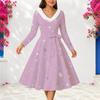 Damen Übergröße Flauschiges V-Ausschnitt Langarm Glitzer-Print Lavendel Mit Gürtel Midi-Kleid