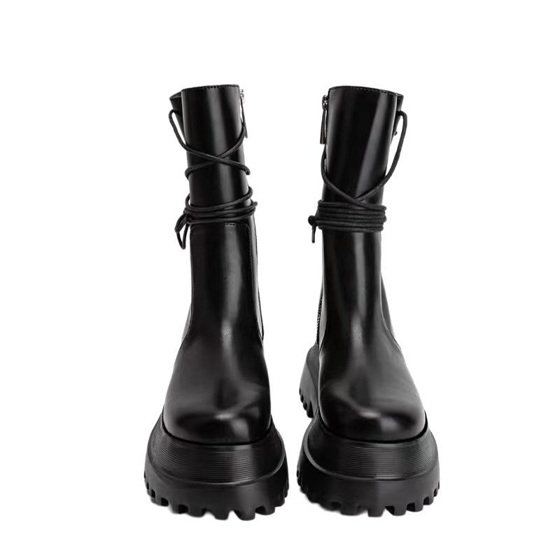 Women's shoes platform Martin boots black autumn 2025 new short boots side zipper knight boots rear lace-up medium boots