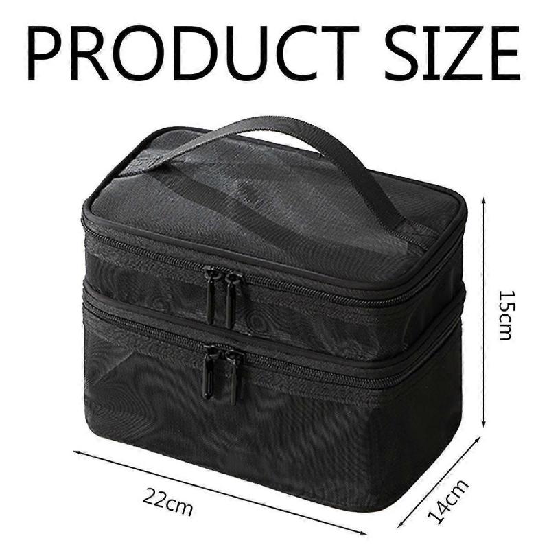 Doppellagige Kosmetiktasche Einfache Klassifizierung Große Kapazität Netz-Kosmetiktasche mit stabilem Griff für Reisen Doppellagig Schwarz