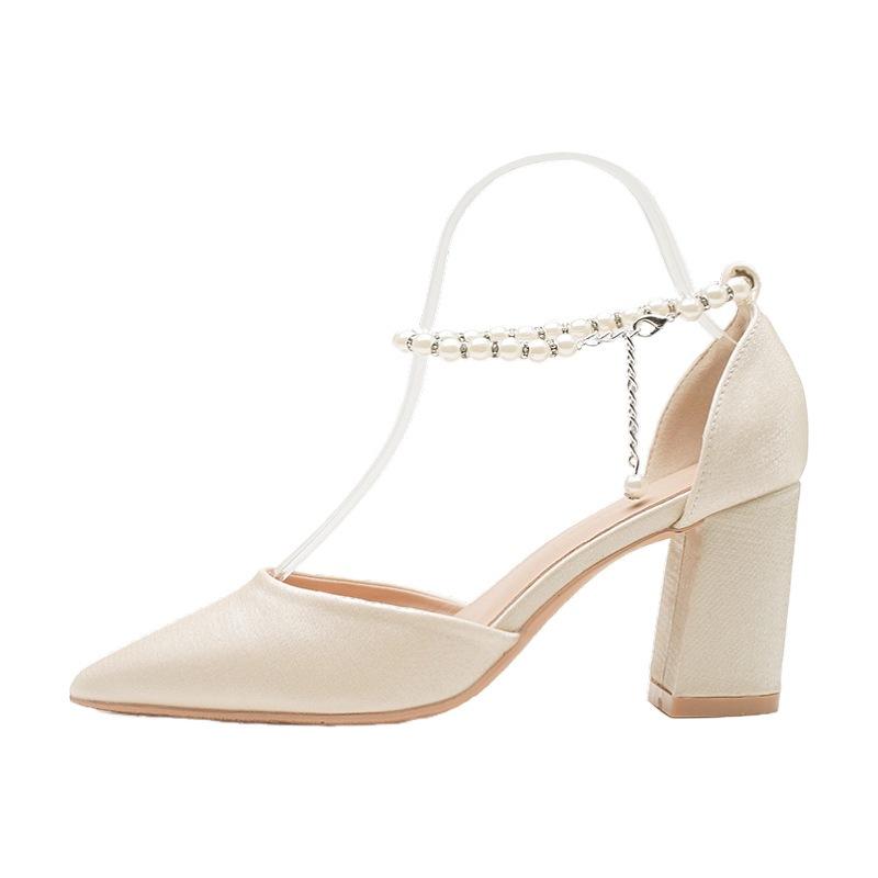 Thick Heel Pointed Hollow Pearl One-word Buckle High Heels High Heels Wedding Shoes Versatile Small Size Shallow Mouth Single Shoes Bridesmaid Shoes