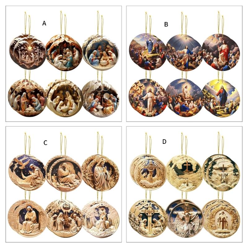 12pcs Wood Pendant Christmas Tree Ornament Set Hanging Decoration with Detailed Craftsmanship Religious Accessories
