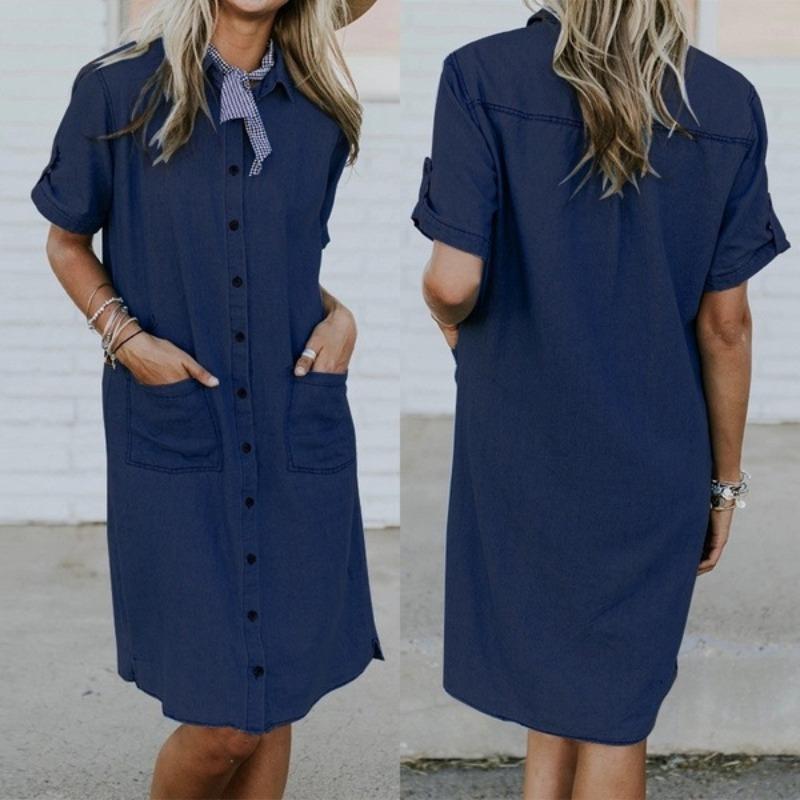 BITCED Fashion Summer Spring Solid Color Print POLO Neck Short Sleeve  Casual Dresses
