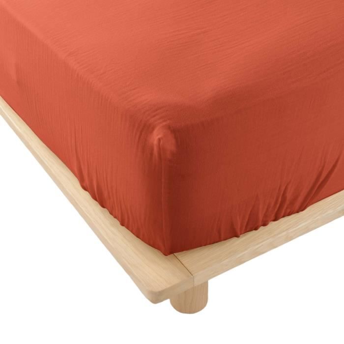Drap Housse - Angelia - 140 X 190 Cm - Gaze De Coton - Bonnet 30 Cm - Terracotta