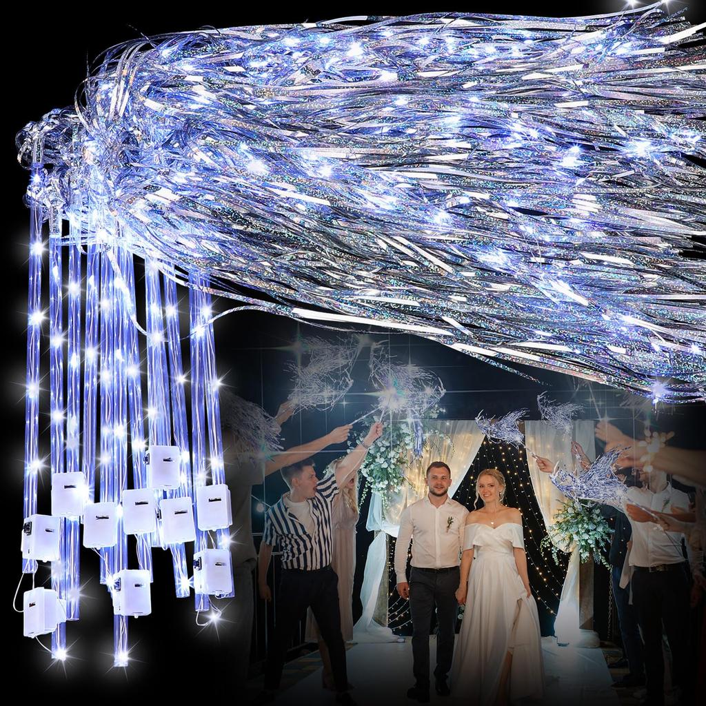 12-60Pcs Light Up Wedding Sparklers Wedding Wands Ribbon Streamers LED Silk Fairy Wands with Bells for Birthday Concert Raves