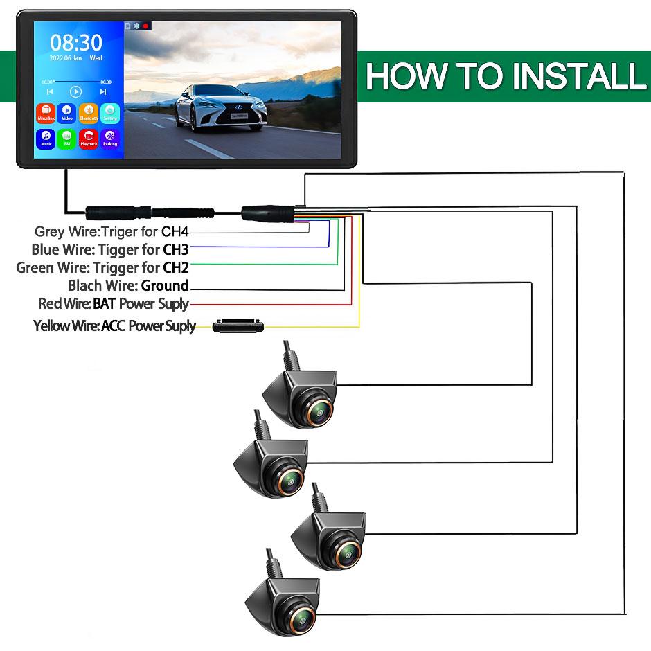 10.36" 4CH Split Screen Vehicle MP5 DVR Monitor with 4PCS 360 Mini AHD Front Rear Side Cameras For Station Wagon/RVs/SUV/MPV/Van