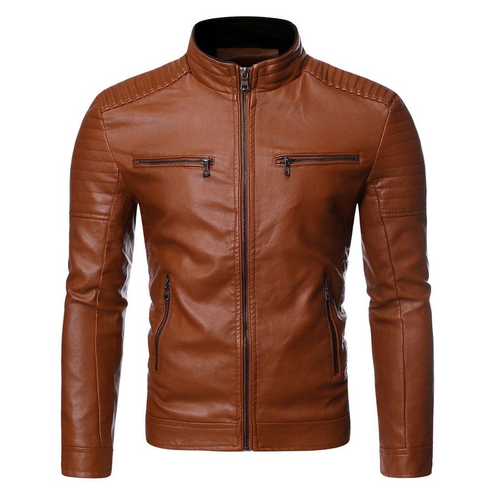 Veste en cuir pour homme Automne et Hiver Coupe ajustée et simple Veste en cuir PU Lavage décontracté Veste de moto en cuir PU