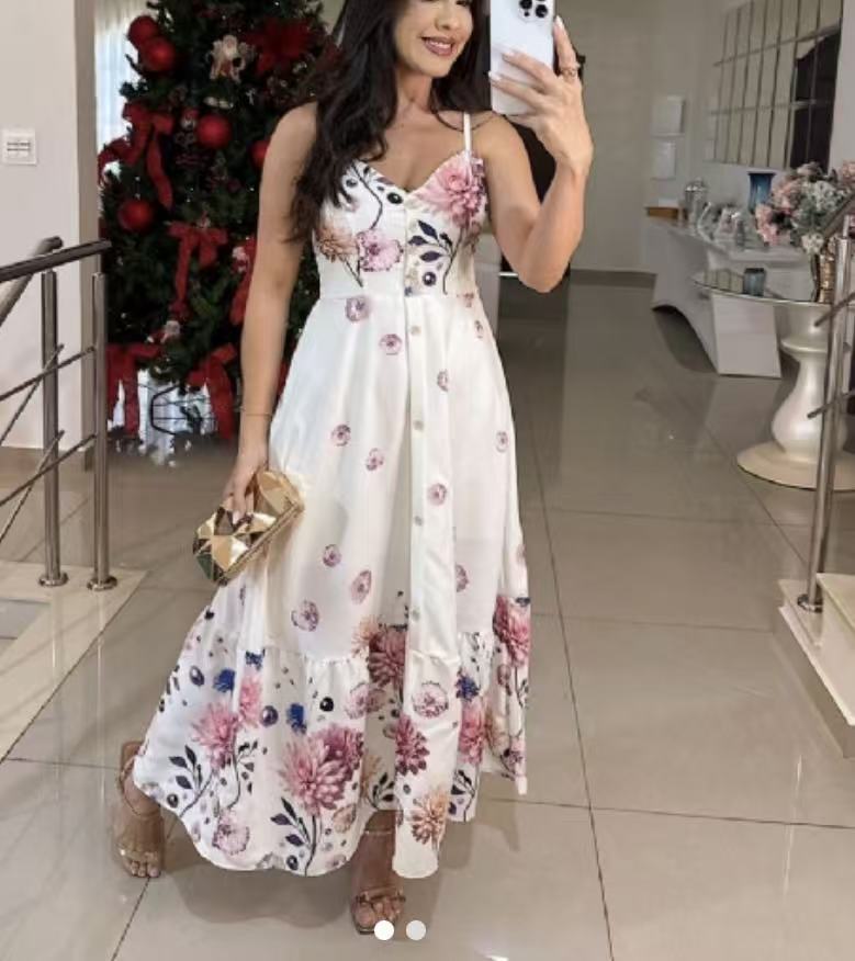 2026 European and American women s clothing spring and summer new sexy suspender sleeveless printed waist dress S