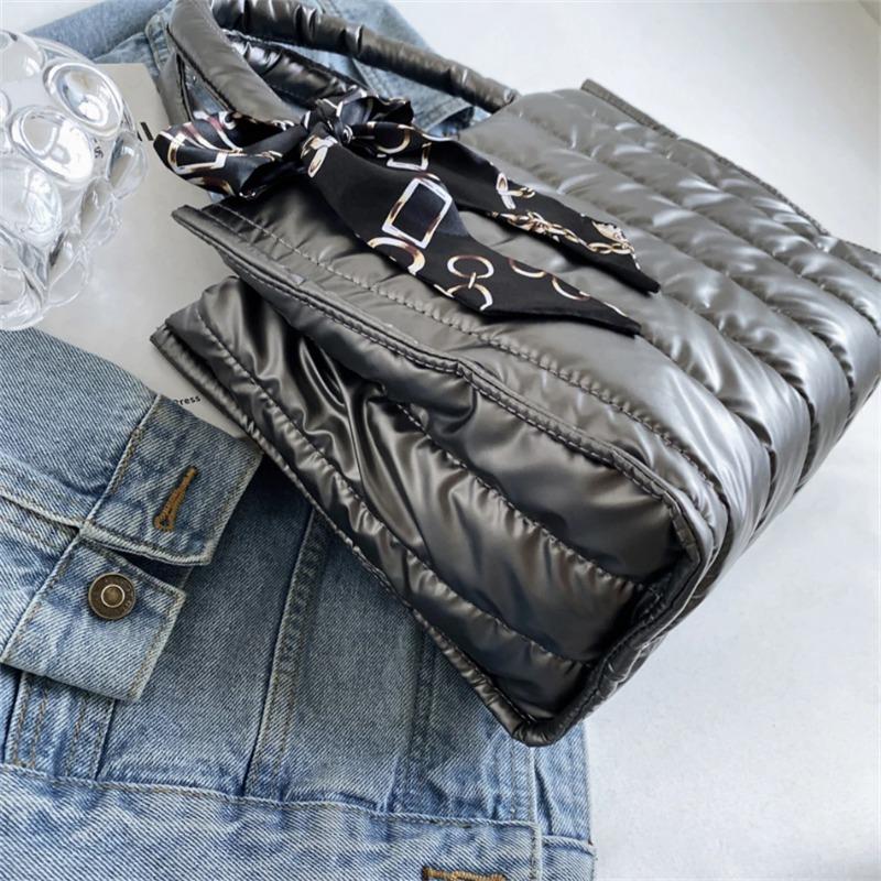 Elegant Women's Totes Bags with Silk Scarf Accent Winter Quilted Crossbody Bags for Women Casual Solid Color Padded Shoulder Bag