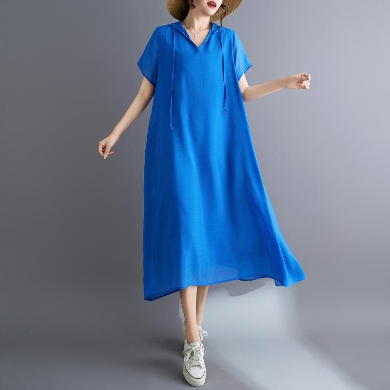DIMANAF New 2025 Plus Size Summer Dress Women Solid Basic Vintage Casual Hooded Dress Loose Dress Maxi