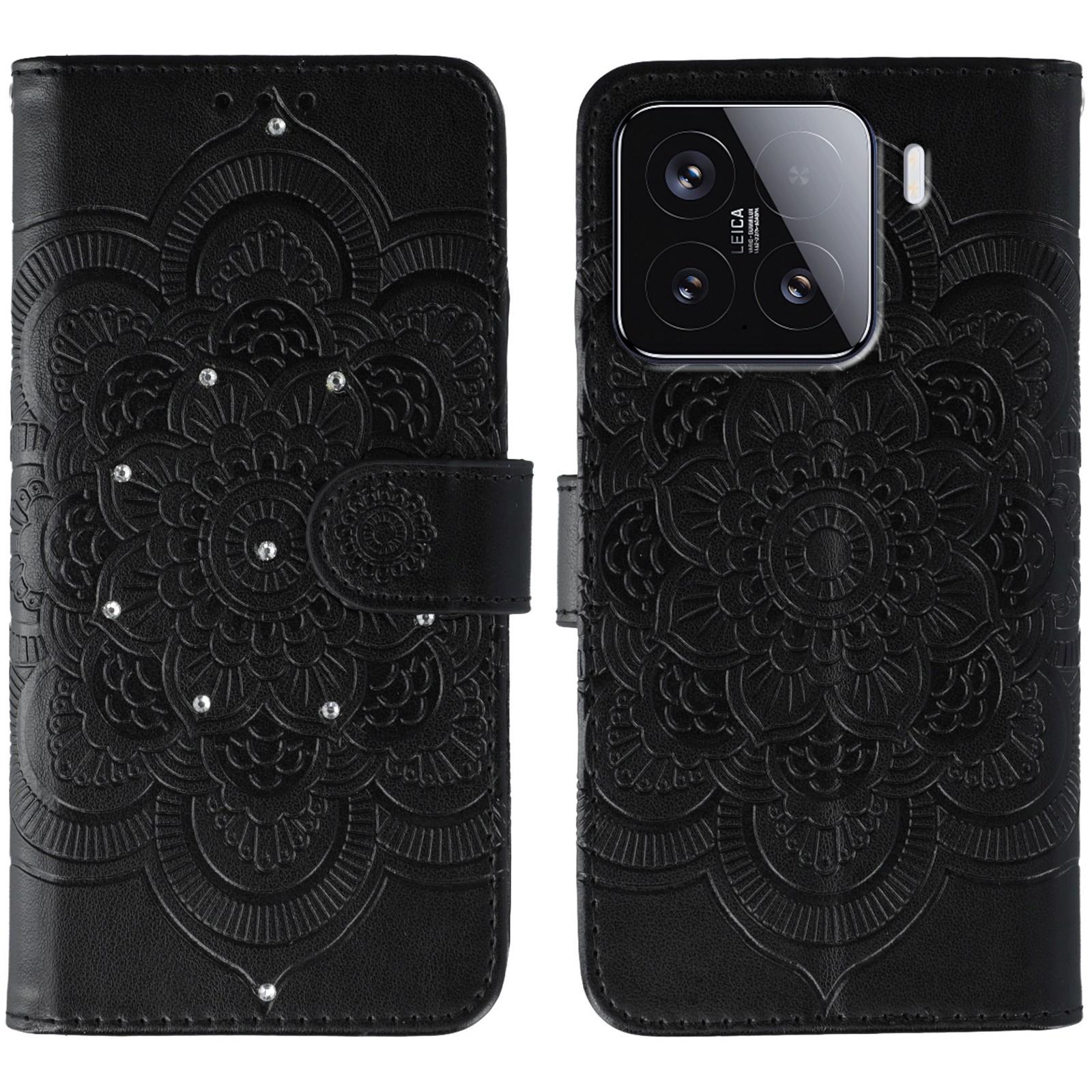 

For Xiaomi 15 Pro Case Rhinestone Decor PU Leather Mandala Imprinted Design Phone Cover with Wrist Strap Black