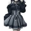Japoński Styl Gotycki Y2k Lolita Zestaw Spódnic Damski Koronkowy Odkryty Ramiona Kokardka Bluzka Kratka Spódnice z Wysokim Stanem Mundurek JK Kostium na Imprezę Tematyczną