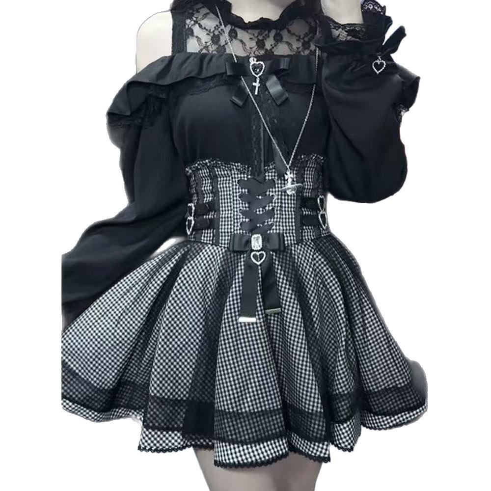 Japoński Styl Gotycki Y2k Lolita Zestaw Spódnic Damski Koronkowy Odkryty Ramiona Kokardka Bluzka Kratka Spódnice z Wysokim Stanem Mundurek JK Kostium na Imprezę Tematyczną
