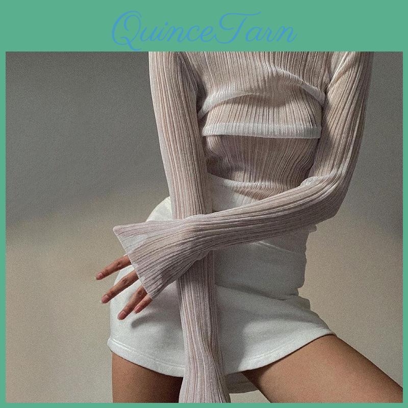 Fall Long Elegant Through See Sleeve Mock Neck Women Tops Fashion Streetwear Sexy Tshirts Tees Slim Clothes