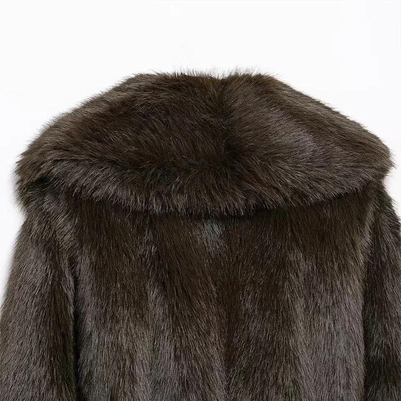 Vintage Luxury Faux Fur Women Coats Fashion Belt Lapel Full Sleeve Female Jacket 2025 Winter Street Loose Thicken Lady Outwears