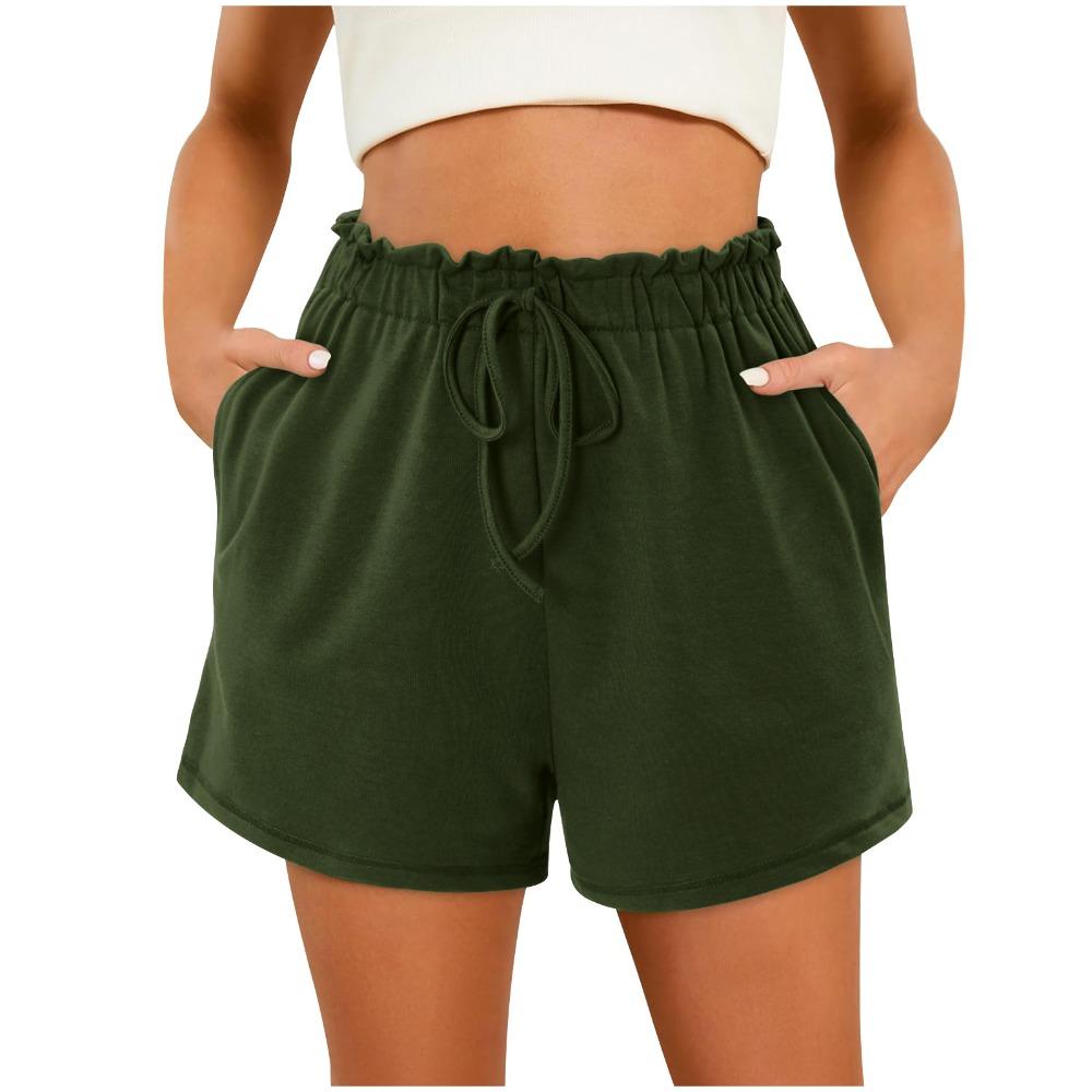 Women s Elastic‑Waist Ruffled‑Trim Drawstring‑Front Pocketed Casual Summer Shorts S