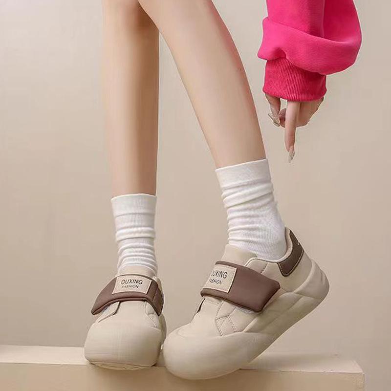 White Shoes Women's Autumn New Thick Bottom Versatile Sports Muffin Soft-Soled Velcro Bread Shoes Trendy Sneakers