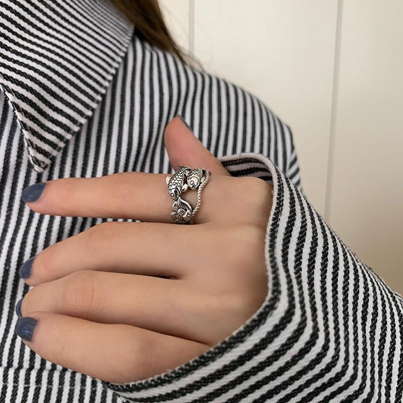 Elegant Korean Style Vintage Double Fish Lotus Wave Ring For Women In S925 Silver
