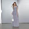 UNIFREE French Retro Floral Plaid Square Neck Long Dress