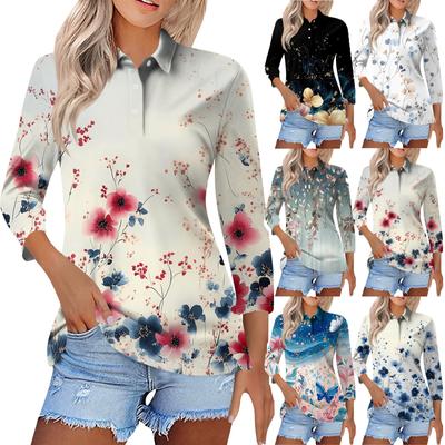 Camisa estampada de manga corta 3/4 con solapa informal a la moda para mujer, blusas con botones para mujer
