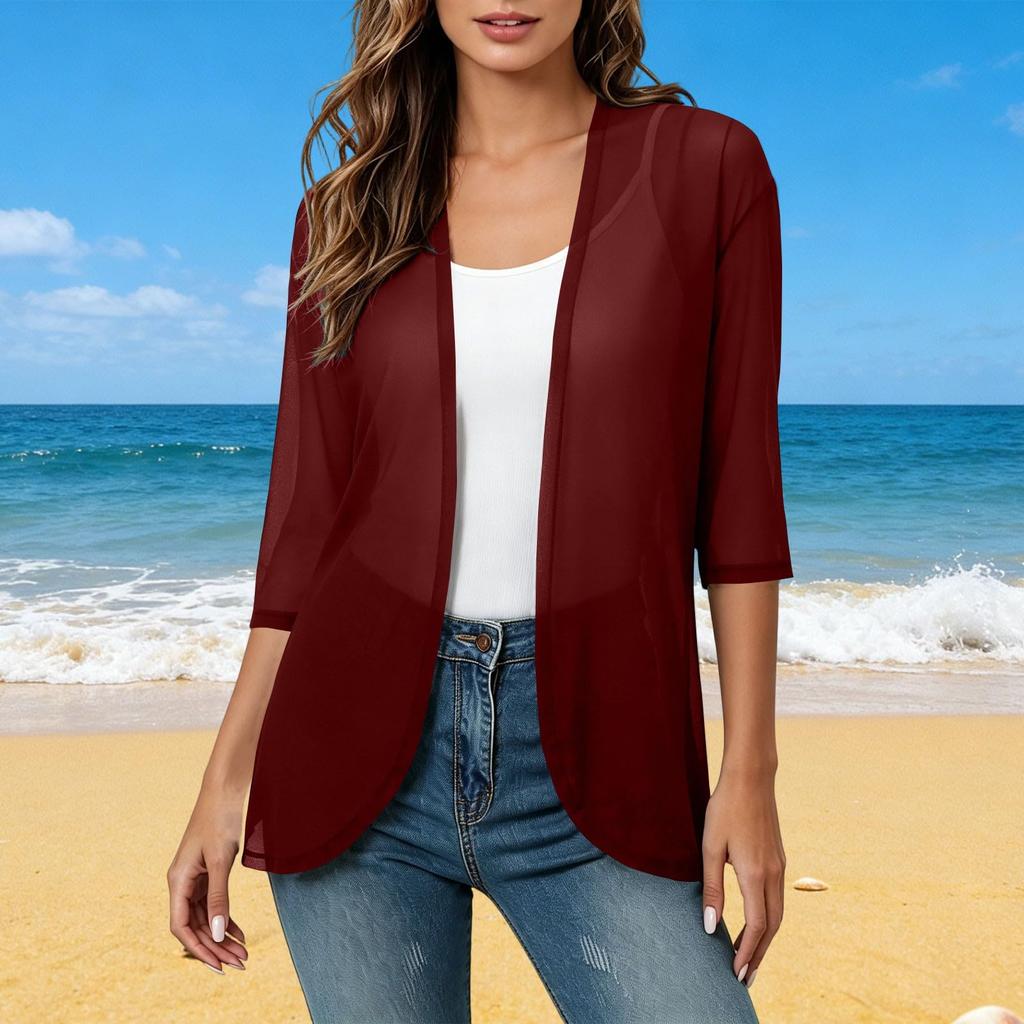 Women's Linen Cardigan With 3/4 Sleeves, Loose Fitting Hood, Shawl Jacket