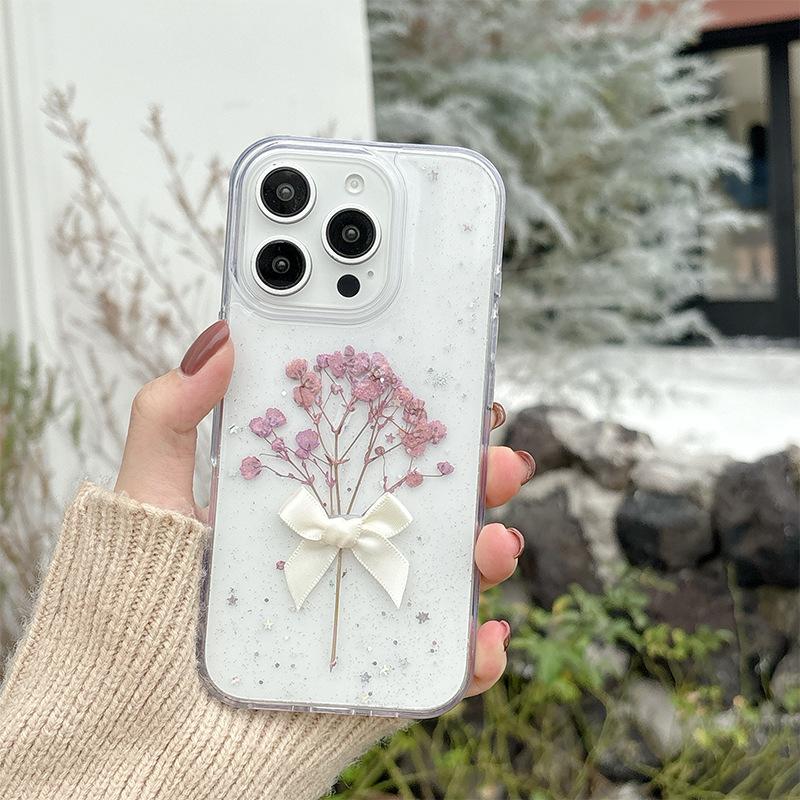 

Bow tie glitter sequined flower mobile phone case for Iphone16Pro real flower Apple 17 transparent 15 small fresh iPhone 7/8/SE 2020