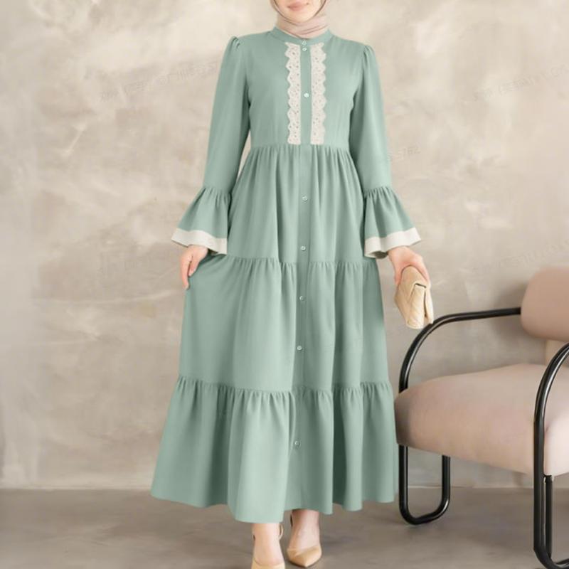 ZANZEA Damen Elegantes Spitze Patchwork Lässiges Stehkragen Ausgestelltes Langes Ärmel Lockeres Kleid