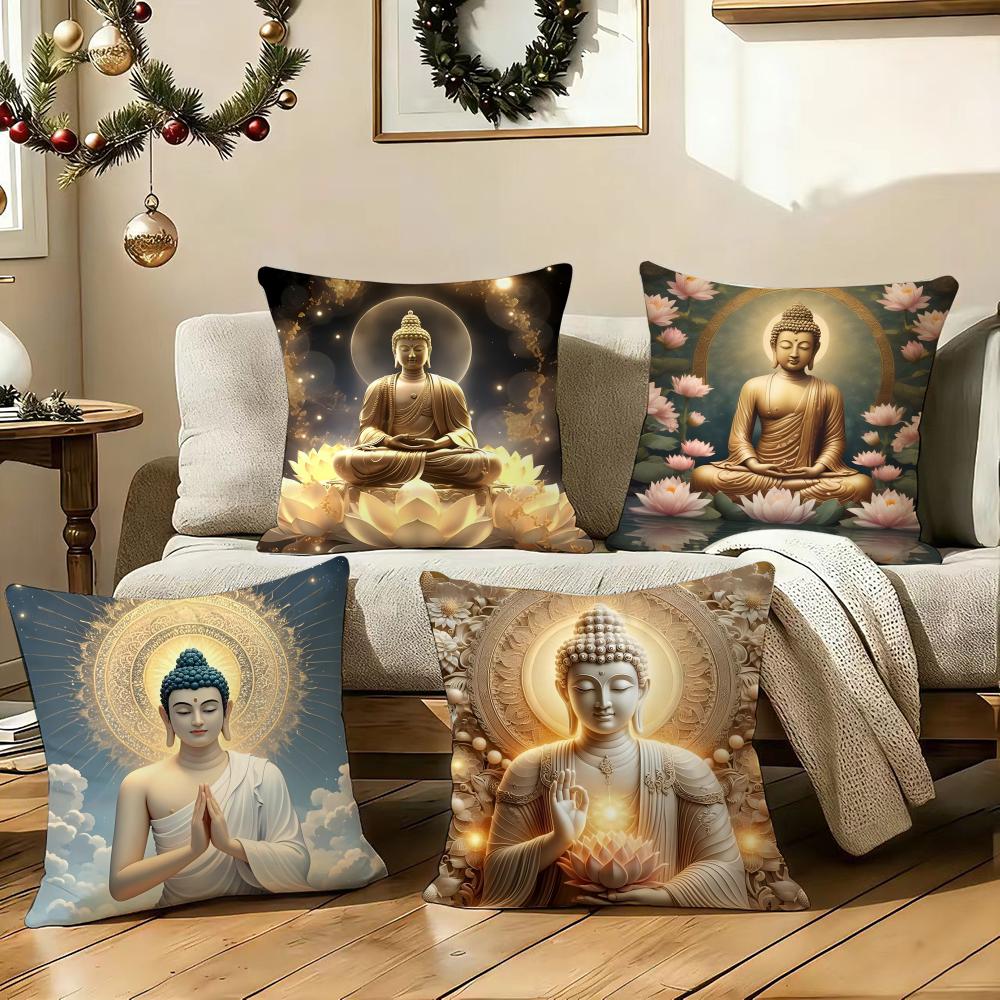 Buddha Statue And Lotus Cushion Cover Silky Short Plush Sofa Pillow Cover Hidden Zipper Soft Dustproof Case For Home Decor