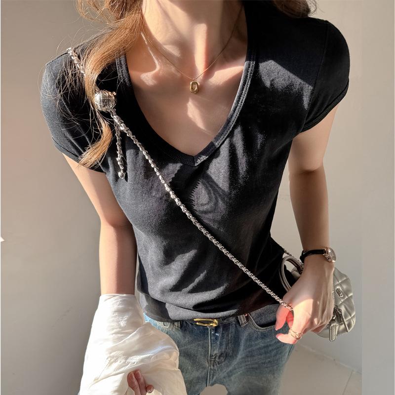 Women Korean Design V Neck Regular Shoulder Short Sleeve Casual Basic Inner T Shirt Top S чёрный