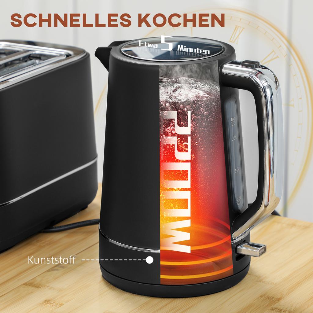 Set of 1.7 L Kettle and Toaster with 6 Browning Levels, Black/Steel