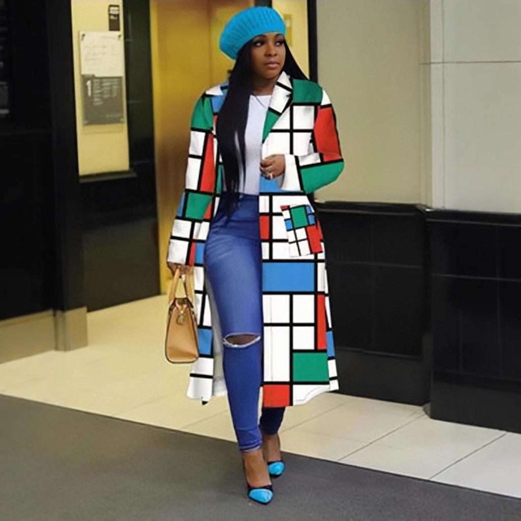 Nadměrná velikost Evropský a americký nepravidelný patchworkový kardigan s dlouhým rukávem na knoflíky pro podzim/zimu