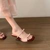 Super beautiful bow wedge heel cool slippers women's summer wear 2025 new French square head open toe with high heels