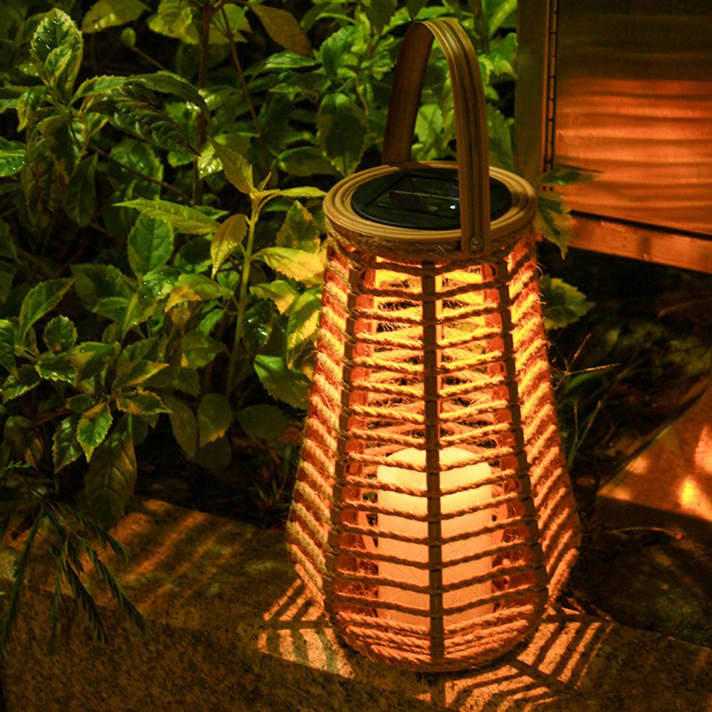 Outdoor Solar Light Solar Rattan Lantern Hanging Bamboo Lamp with Handle Solar Powered Decorative Candle Light Garden Decoration