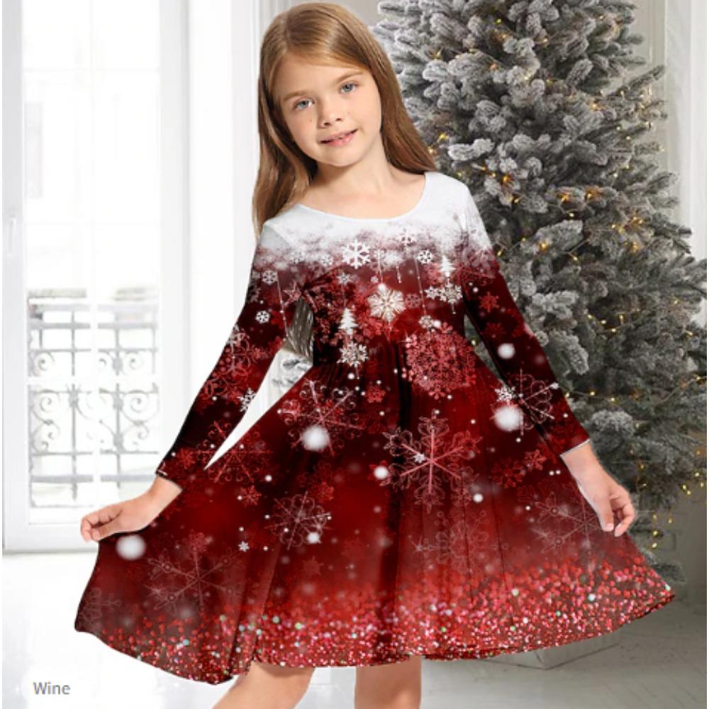 Girl Casual 3D Snow Gradient Print Round Neck Long Sleeve Dress Kid Princess Dress