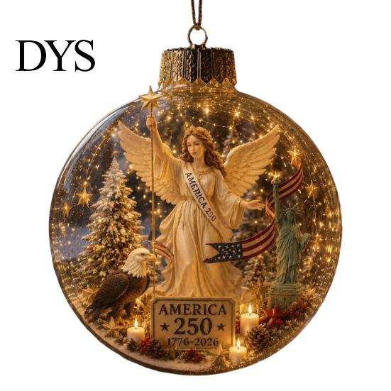 Reusable Party Ornaments 250th Anniversary USA Christmas Ornament, Light Up Plastic Clear Ball Hanging Decoration with Garden Wall Bell Train